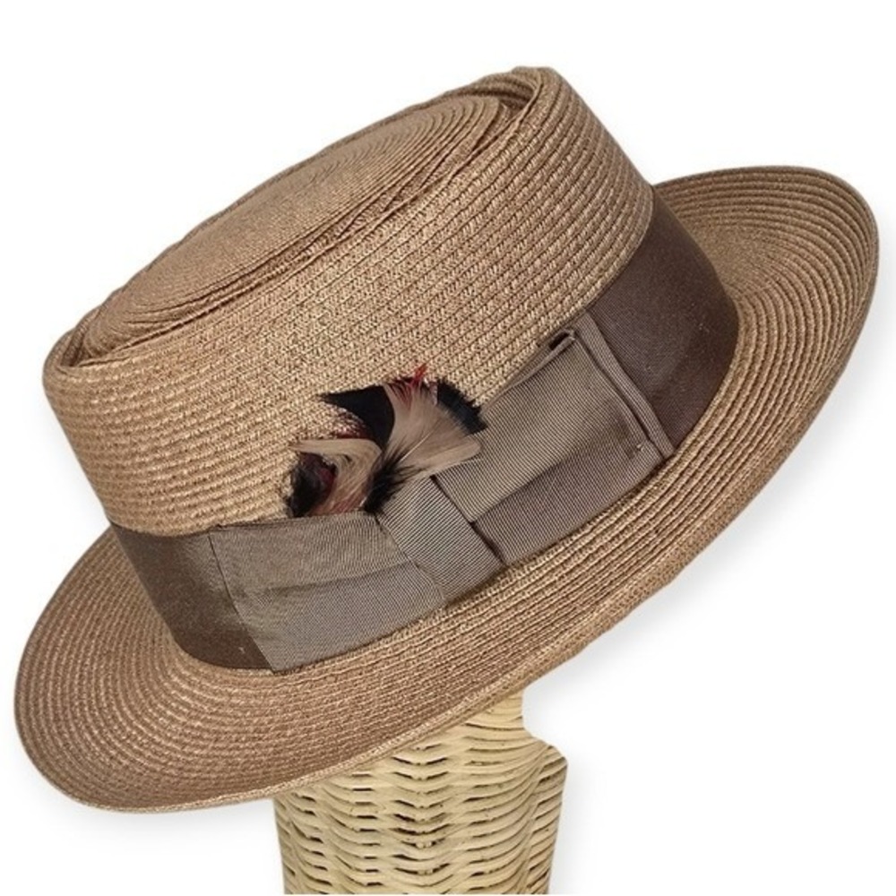 VTG BILTMORE x BENCRAFT Men's Boater Hat Sz 7 Straw Leather Heritage Blokecore‎